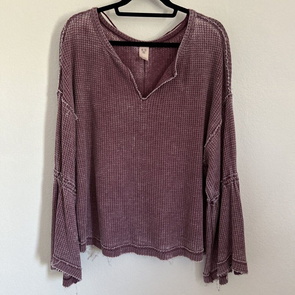 We The Free Dahlia Top Wine Waffle Knit Thermal Bell Sleeve Boho Shirt Sz M